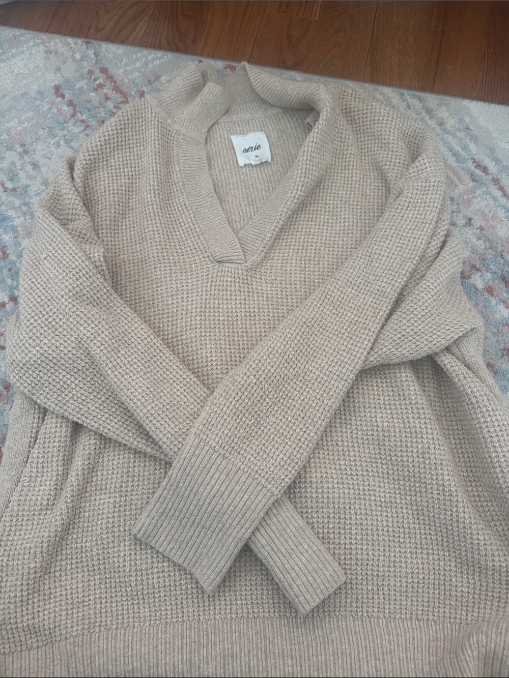 aerie Beige V-Neck Waffle Knit Sweater